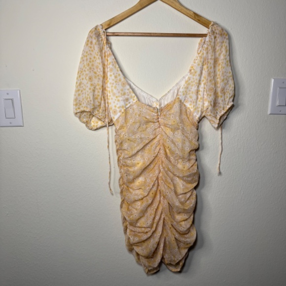 Free People Tessa Dress Women's XS Yellow Mini Cottagecore Floral Ruched - Picture 7 of 8
